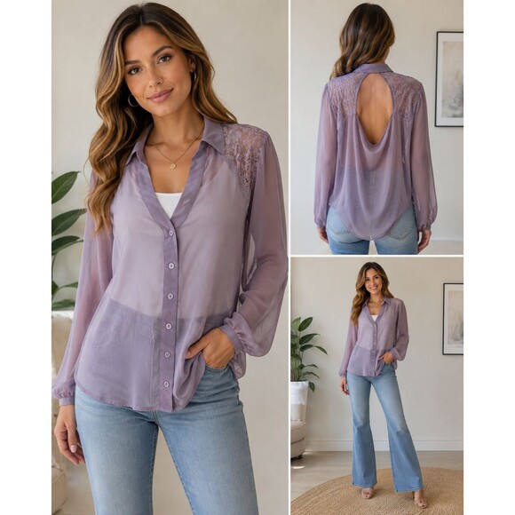 Studio Y Tops - Studio Y Lavender Sheer Blouse Large Lace Open Back Button Down Romantic Boho